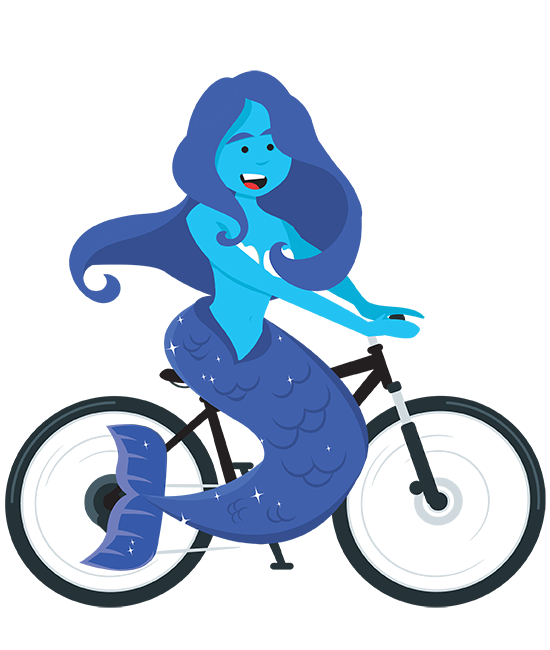 An illustration of a mermaid riding a mountain bike. 
