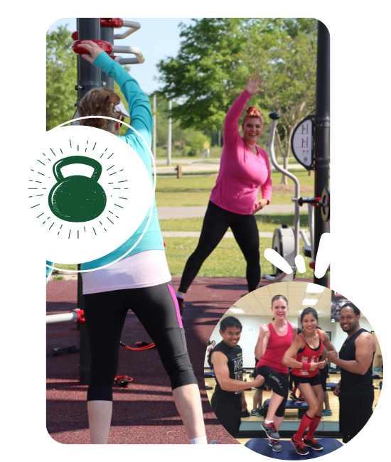 A woman teaches fitness classes at the Williams Farm AARP Fitlot & 4 class members pose for a photo.